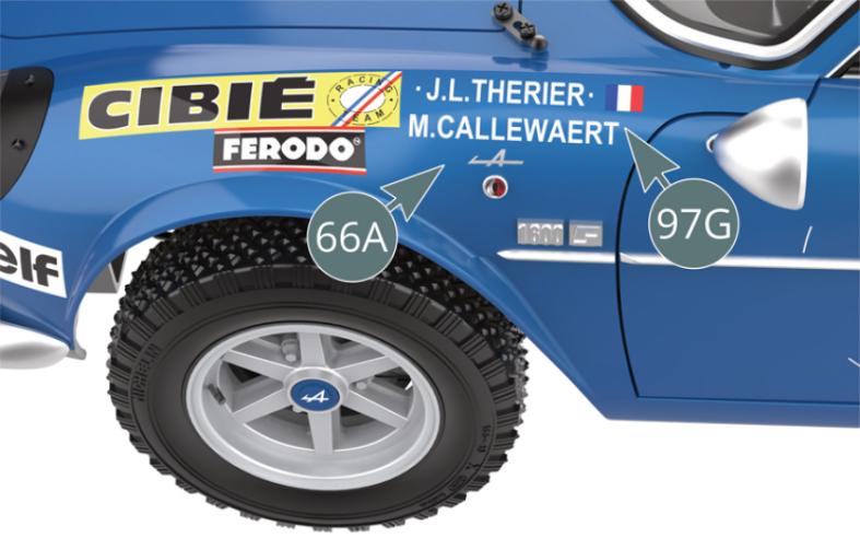 Apply the left sticker (97G) “driver names” of car #9 to the top of the left wing of the body (66A).