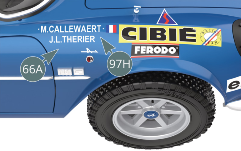 Apply the right sticker (97H) “driver names” of car #9 to the top of the right wing of the bodywork (66A).