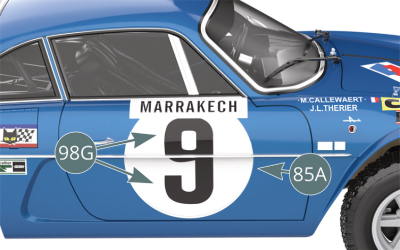 Apply the door sticker (98G) (which is in two parts) from car #9 to the right door (85A) using the positioning marks.