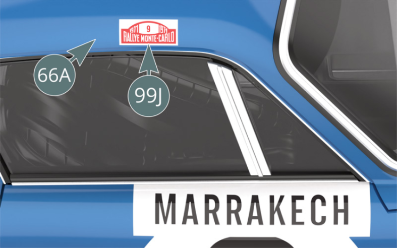 Apply the roof sticker (99J) of car # 9 to the right corner of the roof of the body (66A) using the positioning marks.