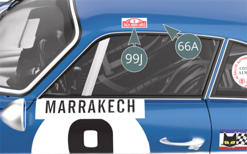 Apply the roof sticker (99J) of car #9 to the left corner of the roof of the body (66A) using the positioning marks.