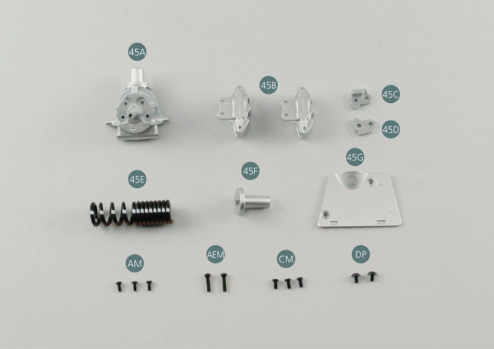 45A Moyeu arrière gauche45B Étrier de frein (x 2)45C Charnière gauche #145D Charnière gauche #245E Ressort de suspension arrière45F Support supérieur de ressort de suspension arrière45G Panneau de suspension arrière gaucheAM Vis M 1,7 x 4 mm (x 3)AEM Vis M 2,0 x 8 mm (x 2)CM Vis M 2,0 x 4 mm (x 3)DP Vis P 2,0 x 4 mm (x 2)