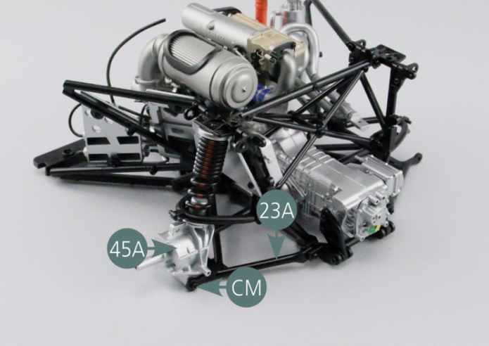 Secure the left rear hub (45A) to the left rear lower suspension arm (23A) using two CM screws.