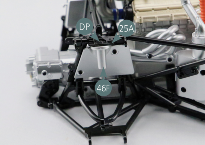 Position the upper rear suspension spring bracket (46F) beneath the right rear link arm (25A) and secure with a DP screw.