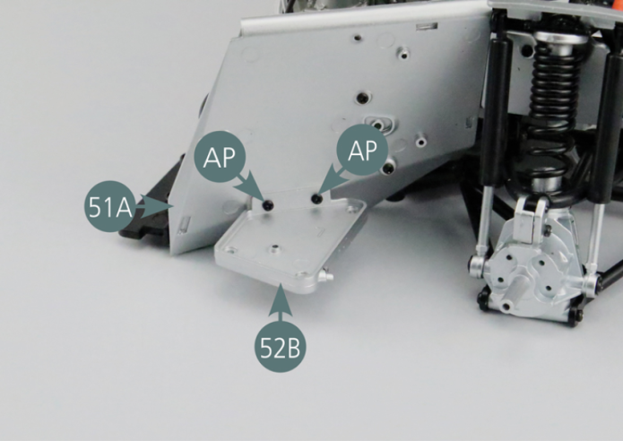 Position the tank support (52B) on the left bulkhead (51A) and secure it with two AP screws.