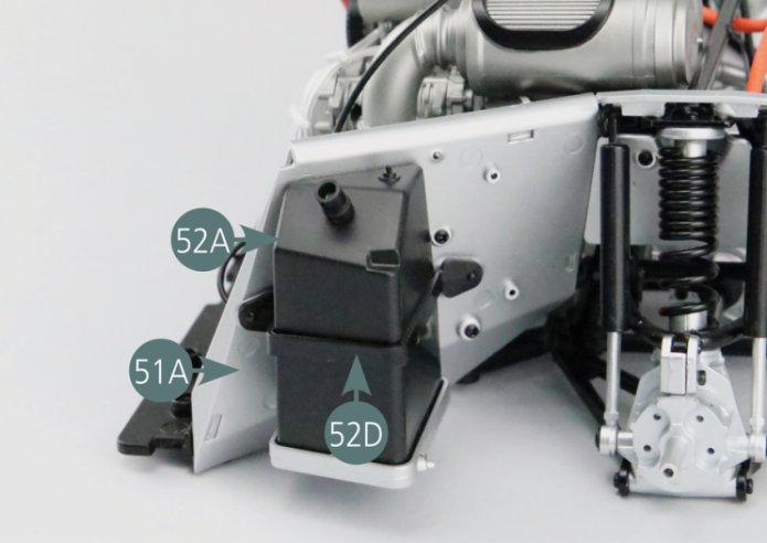 Position the support leg (52D) on the left bulkhead (51A) to keep the left fuel tank (52A) in position.