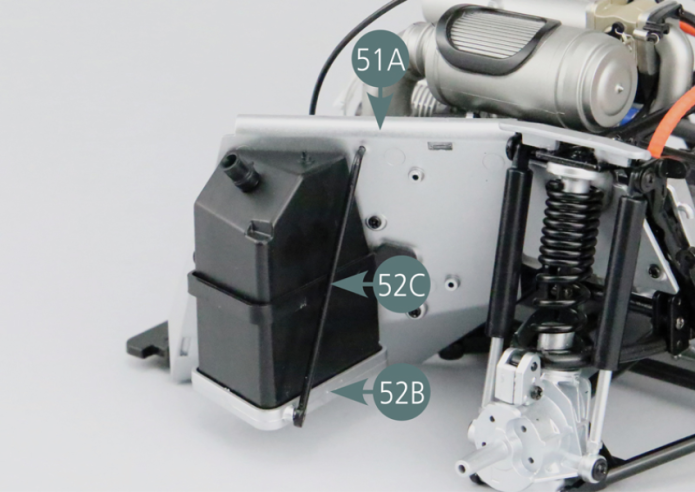 Position the left reinforcement bar (52C) as shown, then attach its ends to the left bulkhead (51A) and to the tank support (52B).