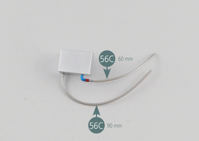 Detach a C-fitting (56G) from it’s sprue and attach it to the outer part of the oil cooler (56A). Cut two sections of 60mm and 90mm length from the oil pipe (56C). Connect the shorter section to fitting C- (56G) and connect the longer section to the outer part of the oil cooler (56A).