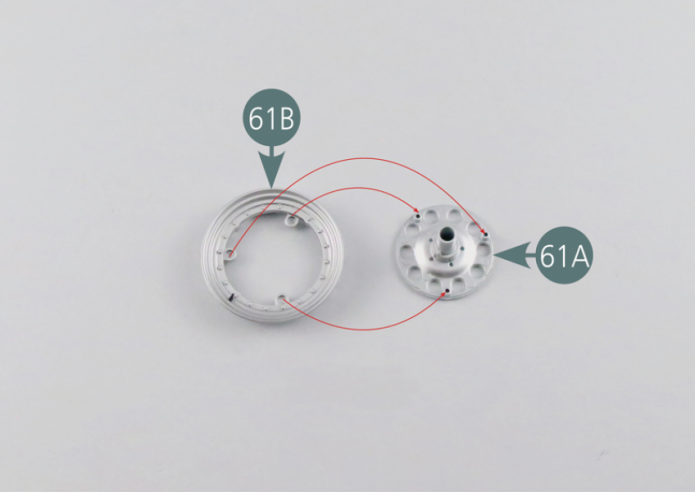 Position the outer wheel rim #A (61A) onto the outer wheel rim #B (61B) by carefully aligning the three assembly openings, then secure it with three AM screws.