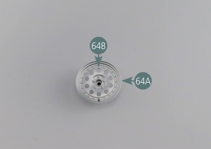 Place the outer wheel rim #A (64A) onto the outer wheel rim #B (64B) by correctly aligning the three assembly openings, then secure it with three AM screws.