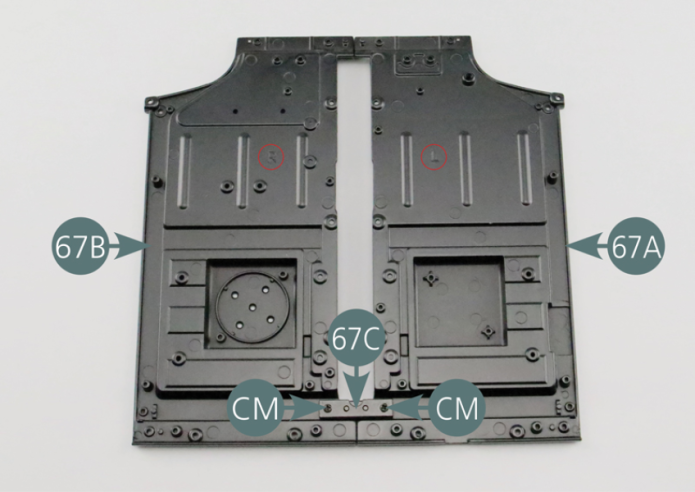 Place the left floor panel (67A) and the right floor panel (67B) side by side and connect them with the rear joint (67C)and secure with two CM screws.