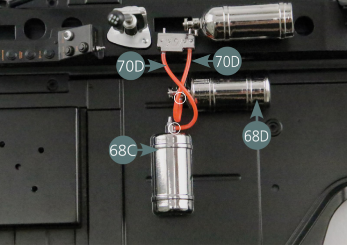 Connect the fire extinguisher hoses (70D) to fire extinguishers #1 and #2 (68C&68D) as shown in the photo.