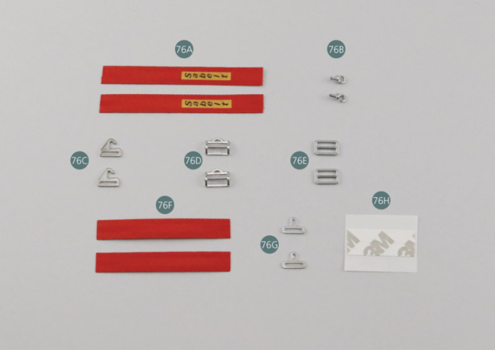 76E Schnalle (x 2) 76F Unterer Sicherheitsgurtgurt (x 2) 76G Zentralverriegelungsschnalle (x 2) 76H Doppelseitiger Kleber 