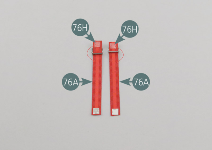 Turn the straps over again (76A). Remove the protective film from the double-sided tapes (76H) and bend the ends/tips of the straps to keep the tensioners (76D) in place.