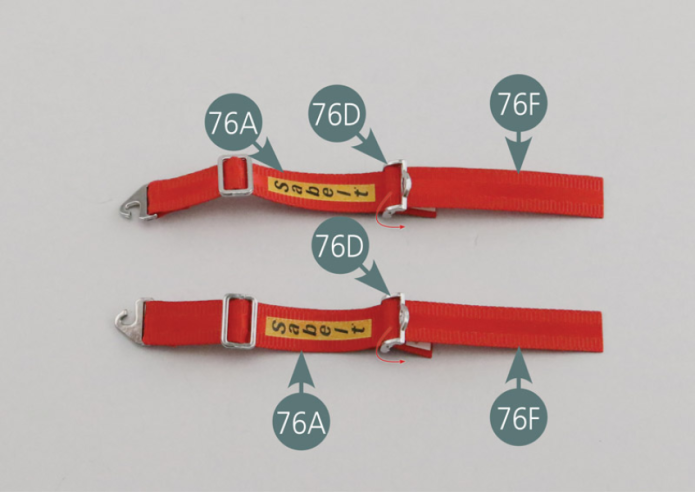 Remove the protective film from the double-sided tapes (76H) and bend the ends/tips of the lower straps (76F) to keep the tensioners (76D) in place.