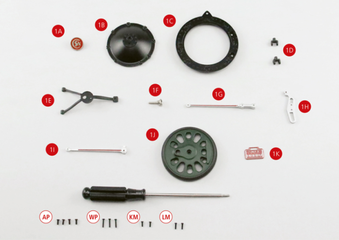 1A Badge SNCF1B Smoke box door1C Door frame1D Hinges (x 2)1E Door reinforcement1F Closing handle1G Distribution control rod1H Distribution slide1I Eccentric rod1J Drive wheel type Boxpok 1K Identification Plate ScrewsAP M1.7 x4mm (x 4) ScrewsKM M1.4 x4mm (x 2) ScrewsLM M1.4 x5mm (x 2) ScrewsWPM 1.4 x7mm (x 3)