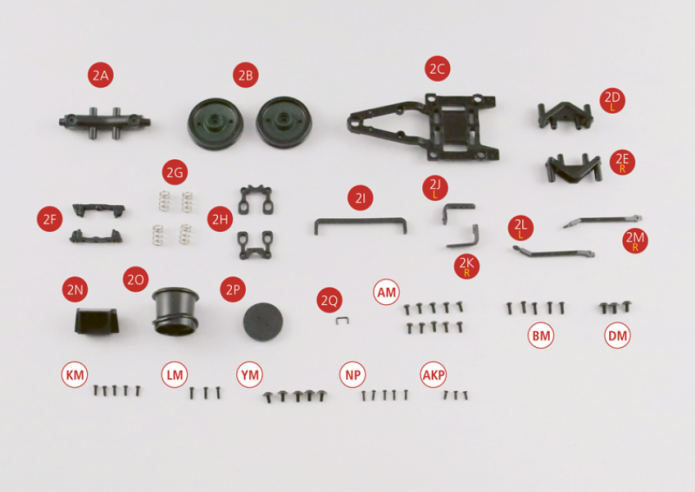 2A False axle2B Wheels2C Front bissel frame2D Left suspension reinforcement (L)2E Right suspension reinforcement (R)2F Lower bissel reinforcement2G Spring (x4)2H Suspensions2I Reinforcement fenders2J Left fender (L)2K Right fender (R)2L Left reinforcement bar (L)2M Right reinforcement bar (R)2N Bissel ballast2O Chimney2P Chimney cover2Q Chimney cover handleScrew AKP M1.4 x4mm (x 3)Screw AM M1.7 x4mm (x 10)Screw BM M1.7 x5mm (x 5)Screw DM M2.3 x4mm (x 3)Screw KM M1.4 x4mm (x 5)Screw LM M1.4 x5mm (x 3)Screw NP M1.2 x4mm (x 5)Screw YM M1.7 x5x5mm (x 5)