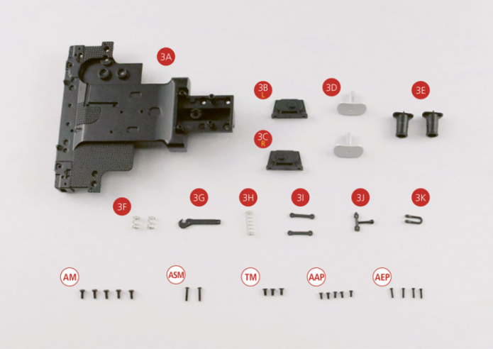 3A Querträgerplatte des Stoßfängers3B Linke Halterung (L)3C Rechte Halterung (R)3D Stoßfänger (2 Stück)3E Stoßfängerfeder (2 Stück)3F Stoßdämpferfeder (x 2)3G Zughaken3H Feder des Zughakens (x 2)3I Flansch (x 2)3J Spannschraube3K SchäkelSchraube AAP M1.4 x3mm (x 5)Schraube AEP M1,2 x5mm (x 4) Schraube AM M1,7 x4mm (x 5)Schraube ASM M1,4 x7mm (x 2)Schraube TM M1,7 x4mm (x 3)