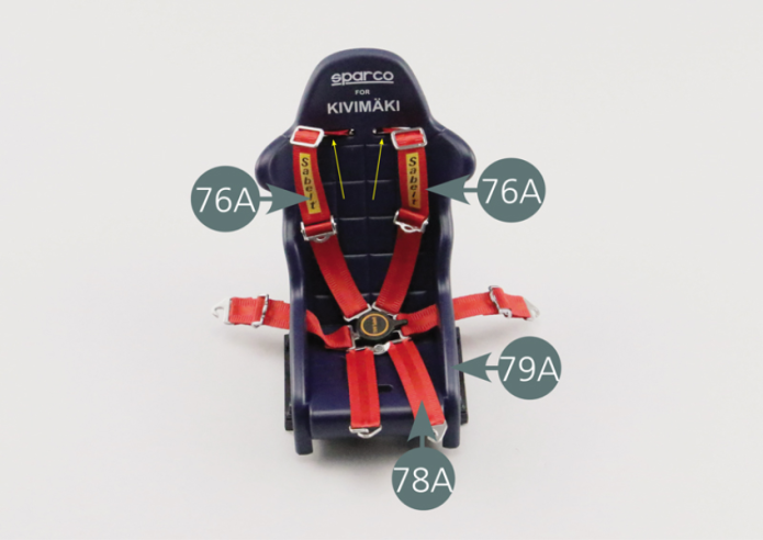 Insert the ends of the belts (76A) into the openings at the top of the seat (79A). Insert the end of the belt (78A) into the central opening at the bottom of the seat.