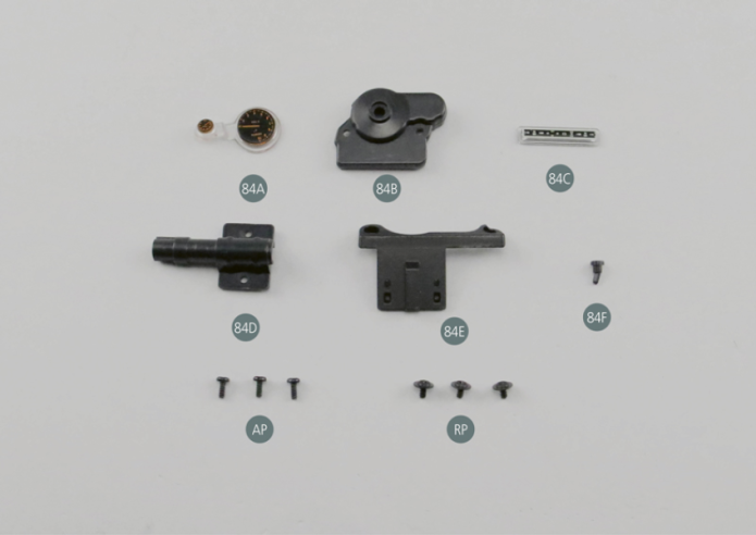 84E Placa inferior del panel del salpicadero84F Botón del salpicadero Tornillo AP 1,7 x 4 mm (x 3) Tornillo de cabeza plana RP 1,7 x 3,5 mm (x 3) 