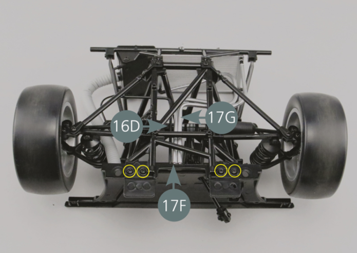 Flip the front frame over. Remove the 4 screws (circled in yellow) from the firewall (9A) and disconnect the oil pipe (16D) and the pipes (17F&17G).