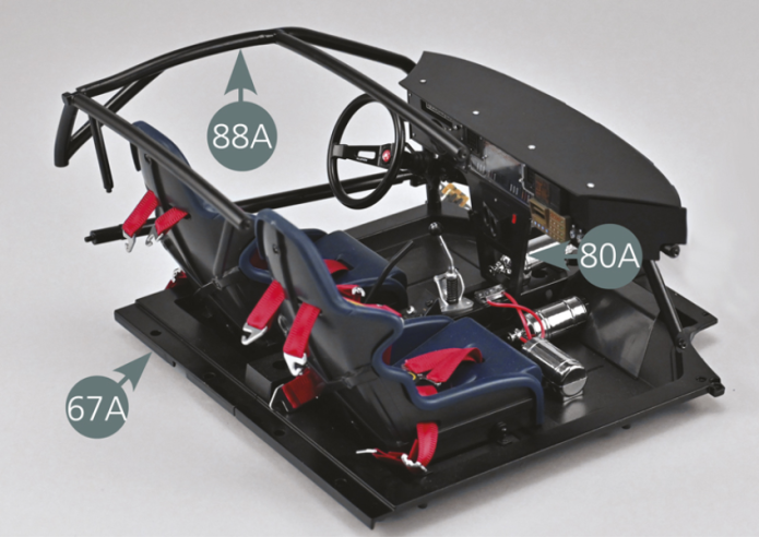 Position the left rollbar safety cage (88A) and the dashboard panel (80A) on the left floor panel (67A). Be sure to correctly position the dashboard panel (80A) on the center tunnel (69A) as shown in the photos.