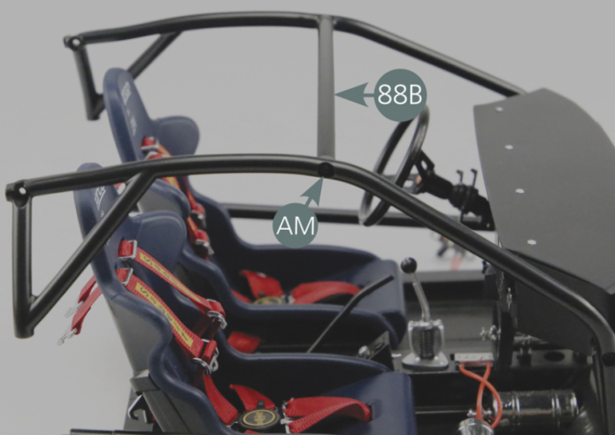 Position the right cage of the roll bar (89B) on the right floor panel (67B), taking care to match the three openings of the roll bar upright (89B) with those located on the dashboard panel (80A), as well as with the one located at the end of the upper bar of the roll cage (88B) (yellow circles). 