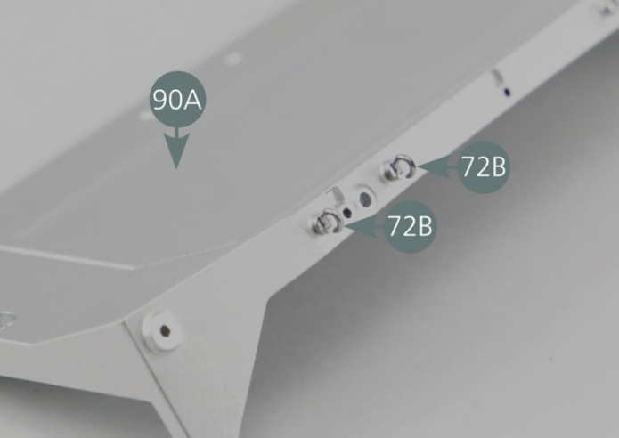 Retrieve the hooks provided in steps 72, 73, 77 and 78. Insert two hooks (72B&73B) into the openings on the upper edge of the rear bulkhead (90A) ensuring their correct orientation see photos. 