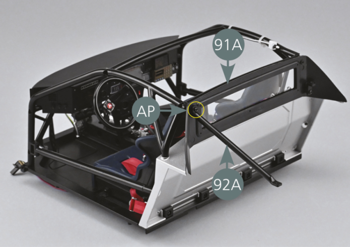 Position the rounded end (yellow circle) of the left rear upper reinforcement bar (92A) on the rear panel (91A) and secure it with an AP screw.