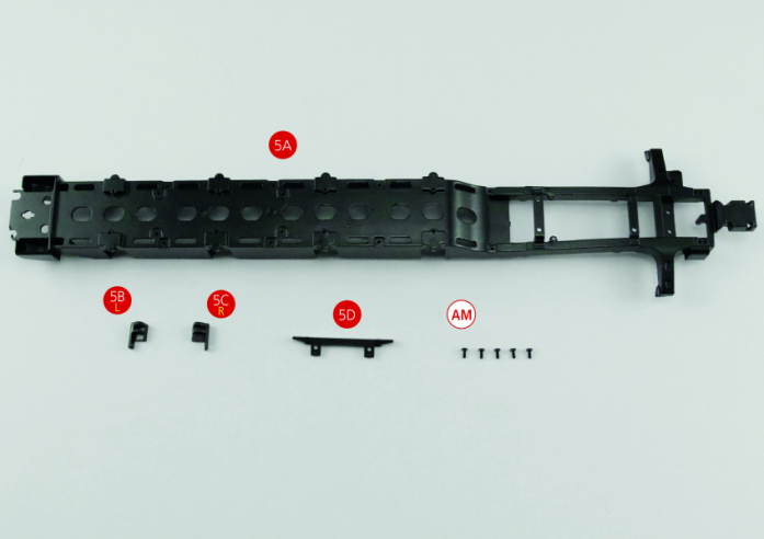 5A -Fahrgestell5B Bremsträger – linke Antriebsachse #4 (L) 5C Bremsträger – rechte Antriebsachse #4 (R) 5D Verstärkung des hinteren Querträgers Schraube AM M1,7 x 4 (4 + 1)