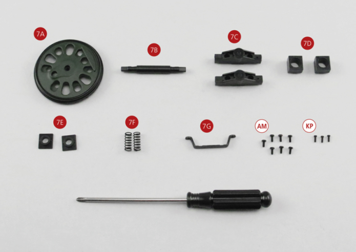 7A Driving Wheel 7B Axle beam 7C Lock axle housing (x2) 7D External part axle housing (x2) 7E Internal part axle housing (x2) 7F Suspension spring (x2) 7G Suspension protection bar Screw AM M1.7 x 4 (6 + 1) Screw KP M1.4 x 4 (2 + 1)Screwdriver