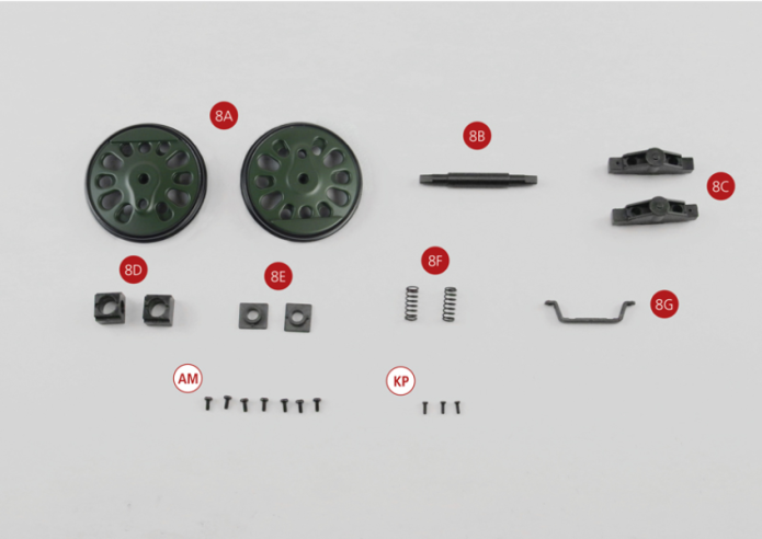 8A Driving Wheel (x2) 8B Axle beam 8C Lock axle housing (x2) 8D External part axle housing (x2) 8E Internal part axle housing (x2) 8F Suspension spring (x2) 8G Suspension protection bar Screw AM M1.7 x 4 (6 + 1) Screw KP M1.4 x 4 (2 + 1)