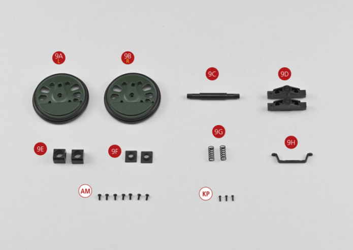 9A Drive wheel, left 9B Drive wheel, right 9C Drive axle housing 9D Slider lock of axle housing 1 (x2) 9E Axle box/casing 2 (x2) 