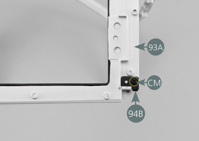 Then position the bracket (94B) on the bottom of the right front part of the central body (93A) and secure with a CM screw.