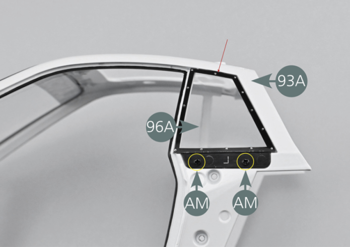 Position the left rear quarter window (96A) on the central body (93A) by first inserting the upper part (red arrow), then secure the window with two AM screws on the lower part (yellow circles).