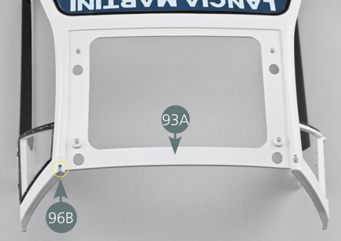 Position the left rear upper hinge (96B) in the opening located on the left upper exterior of the central body (93A) (yellow circle). Keeping it in place, then secure from the inside of the body with an SM screw as shown in the photo.