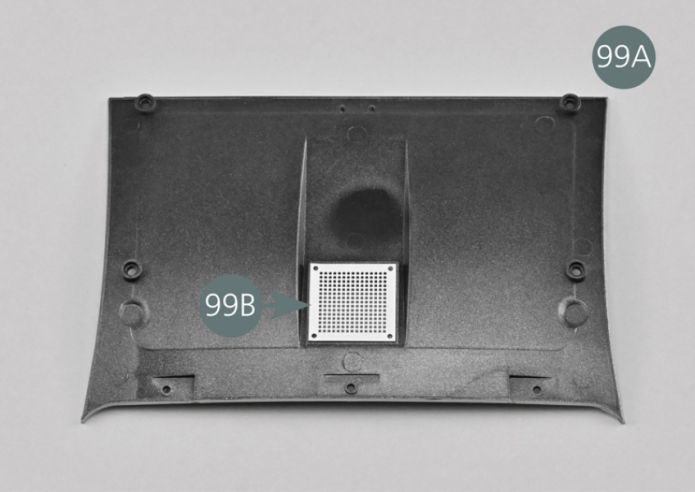 Place the inner roof panel (99A), the inner side up. Position the grille (99B) on the square opening. Position the hook (99C) as shown, pushing it into the two openings provided for this purpose (yellow arrows).