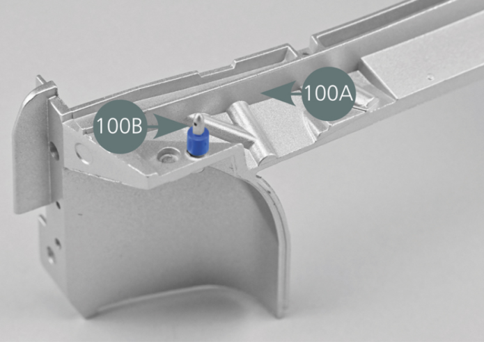 Position one support  front hood  (100B) into the opening located above the front compartment bulkhead (100A) as shown in the photo, then secure it from the rear with an AM screw.