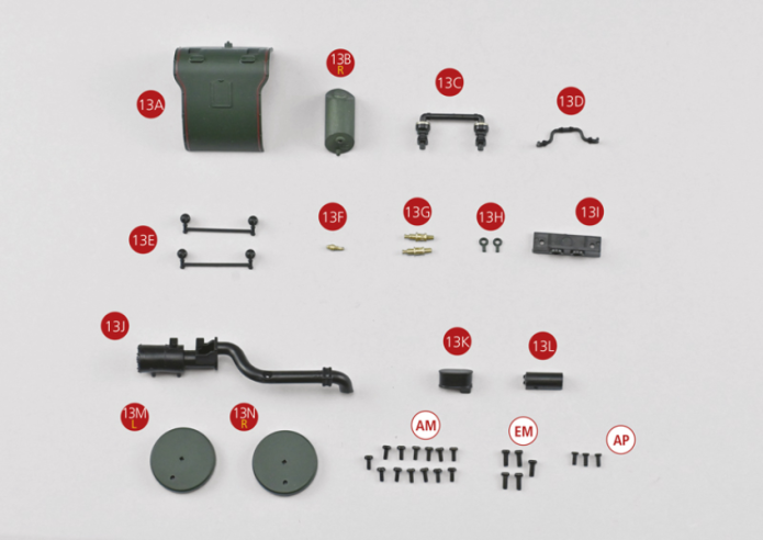 13A Cylinder casing13B Steam passage (R)13C Bypass13D Accessories steam intake 13E Lower cylinder valves13F Small bleeder13G High flow bleeder (x2)13H Pipe supports13I Inner reinforcement of cylinder casing13J Turbo dynamo 13K Support turbo dynamo  13L Cover turbo dynamo  13M Left cylinder plate (L) 13N Right cylinder plate (R) Screw AM M1.7 x 4 (11 + 2) Screw EM M2.0 x 5 (4 + 1) Screw AP M1.7 x 4 (2 + 1)