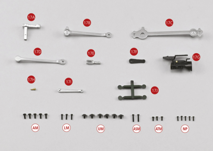 17A Right crank pin and counter crank 17B Right end connecting rod 17C Right central connecting rod 17D Right end connecting rod 17E Power take-off / fork shape 17F Motion control17G Pendulum support 17H Lubricator 