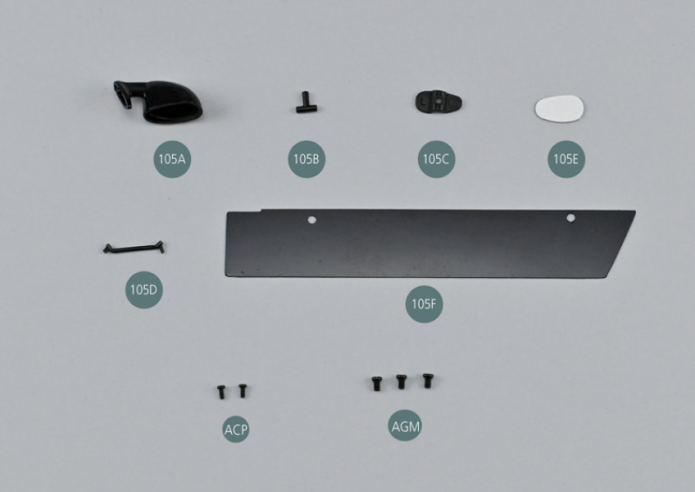 105E Rearview mirror 105F Door sill protection Screw ACP P 1.4 x 3 mm (x 2) Screw AGM M 2.0 x 3 mm (x 3)