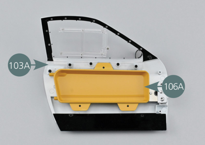 Position panel #A (106A) on the inside of the left door (103A) as indicated, then secure it with three AGM screws.