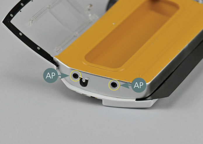 Then secure panel #B (107A) on the closing side of the door (103A) with two AP screws (yellow circles).