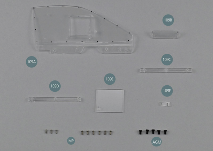 109A Vitre droite109B Déflecteur de vitre109C Guide inférieur 109D Guide supérieur109E Fenêtre d’aération coulissante109F Loquet de fenêtreMP Vis M 1,2 x 3 mm (x 9)AGM Vis M 2,0 x 3 mm (x 5)