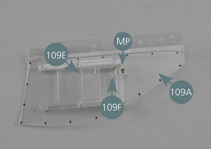 Position the latch (109F) into the opening of the handle of the sliding window (109E) and secure with an MP screw. Check that the latch (109F) turns easily and that it locks the sliding window (109E) correctly. If necessary, tighten or loosen the screw for a proper fit.