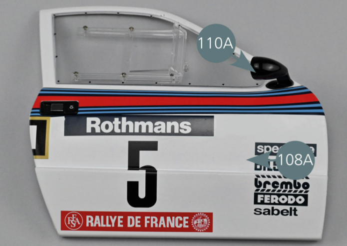 Place the right exterior mirror (110A) on the right door (108A), then secure it from the inside with an ACP screw.