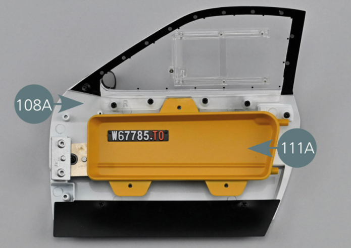 Position panel #A (111A) on the inside of the right door (108A) as shown, then secure it with three AGM screws.