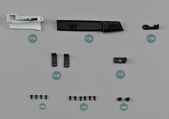 113E Lower platform attachment Screw AM M 1.7 x 4 mm (x 4) Screw CM M 2.0 x 4 mm (x 6) Flat head screw AIM M 2.0 x 3 mm (x 2) 