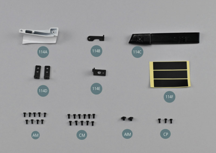 114F Adhesive tape (x 3) Screw AM M 1.7 x 4 mm (x 9) Screw CM M 2.0 x 4 mm (x 11) Flat head screw AIM M 2.0 x 3 mm (x 2) Screw CP P 2.0 x 4 mm (x 3)