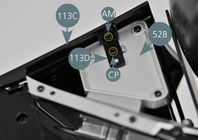 Take the lower attachment (113D) that you have set aside in an earlier stage, then fix it to the left fuel tank (52B) with a CP screw and to the left rear skirt (113C) with an AM screw. Then take the lower attachment (114D) and secure it to the right fuel tank (54B) with a CP screw and to the right rear skirt (114C) with an AM screw.